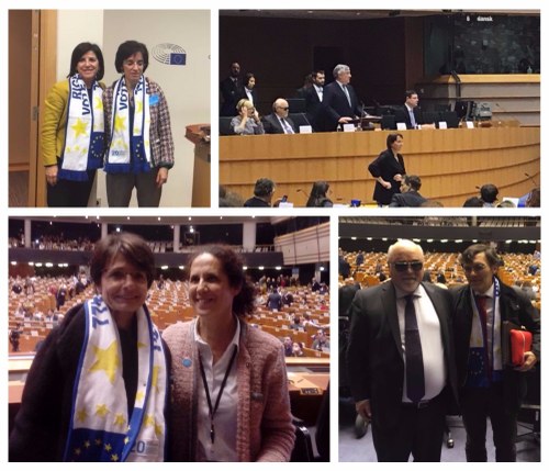 De arriba a abajo y de izquieda a derecha: Izáskum Bilbao y Pilar Villarino; intervención de Antonio Tajani; Marianne Thyssen y Ana Peláez, y Vardakastanis junto a Alberto Durán