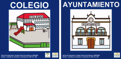 Pictogramas del catálogo para la señalización de un colegio y un ayuntamiento