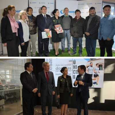 Collage de imágenes de la visita de la Primera Dama. Arriba con trabajadores ecuatorianos de ILUNION, y abajo con los responsables del Grupo Social ONCE