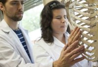 Profesor y alumno observando al tacto costillas de la caja torácica