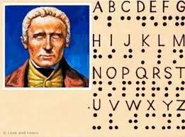 Retrato de Louis Braille con su alfabeto transcrito detrás