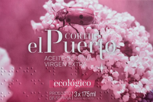 Etiqueta con texto braille del aceite virgen extra ecológico de 'Cortijo el Puerto'
