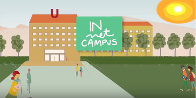 Imagen de presentación de INnet Campus en Internet (dibujo de unos jóvenes paseando a la entrada de una Facultad universitaria)