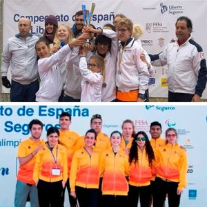 Collage fotográfico: arriba el equipo de atletismo valenciano, ganador del Campeonato, y abajo el Equipo Liberty Seguros de Promesas de Atletismo