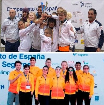 Collage fotográfico: arriba el equipo de atletismo valenciano, ganador del Campeonato, y abajo el Equipo Liberty Seguros de Promesas de Atletismo