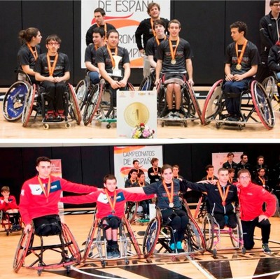 Collage fotográfico: arriba el equipo de baloncesto del País Vasco, abajo el quinteto ideal del Campeonato