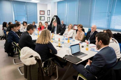Los europarlamentarios, a la derecha de la mesa, durante su reunión con representantes del Grupo Social ONCE