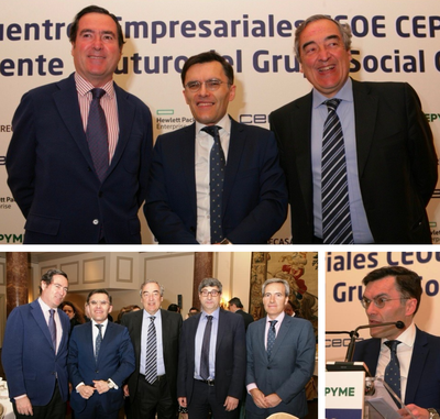 Collage de imágenes del acto. Arriba, Antonio Garamendi, Alberto Durán y Juan Rosell.Abajo, a la izquierda, Garamendi y Rosell, junto a Alberto Durán, José Luis Pinto (vicepresidente de la ONCE) y Alejandro Oñoro