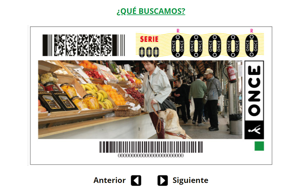 Ejemplo de un cupón ilustrado, en esta ocasión, con una escena cotidiana: una mujer ciega en el mercado, acompañada por su perro guía