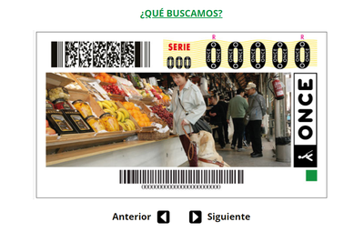 Ejemplo de un cupón ilustrado, en esta ocasión, con una escena cotidiana: una mujer ciega en el mercado, acompañada por su perro guía