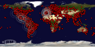 Mapa mundi simbólico de la Plataforma DESC, con supuestas luces en cada país en que se vulneran los derechos económicos y sociales