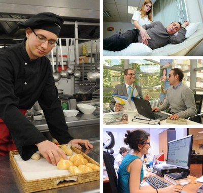 Collage de imágenes con jóvenes afiliados en un puesto de trabajo