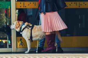 Premio Cataluña: una joven ciega con su perro guía a las puertas de un centro de la ONCE 