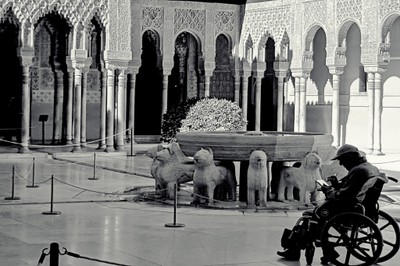 Premio Andalucía: Una persona en silla de ruedas en el Patio de los Leones de la Alhambra