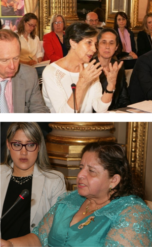 Arriba, Isabel Allende durante su intervención. Abajo, Sonnia Margarita Villacrés, junto a su mediadora