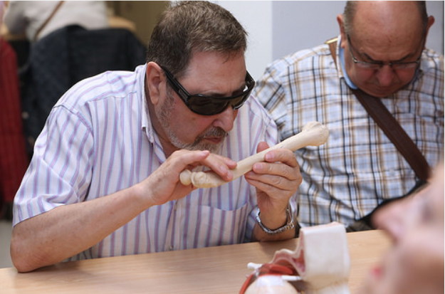 Un afiliado a la ONCE reconoce con detalla, al tacto, un hueso humano durante el taller celebrado en Valladolid