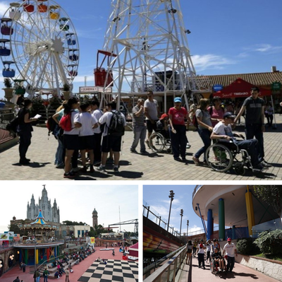 Distintas imágenes del Parque del Tibidabo con personas en silla de ruedas