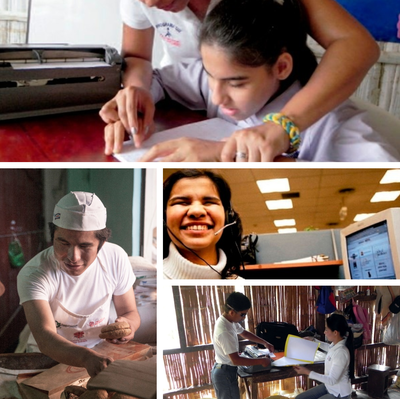 Collage con distintas imágenes de personas ciegas en centros escolares o de empleo