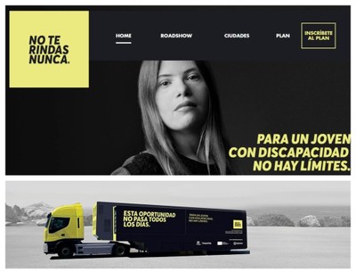 Imagen promocional de la campaña: el rostro de una joven con discapacidad y la reproducción del camión/exposición en ruta