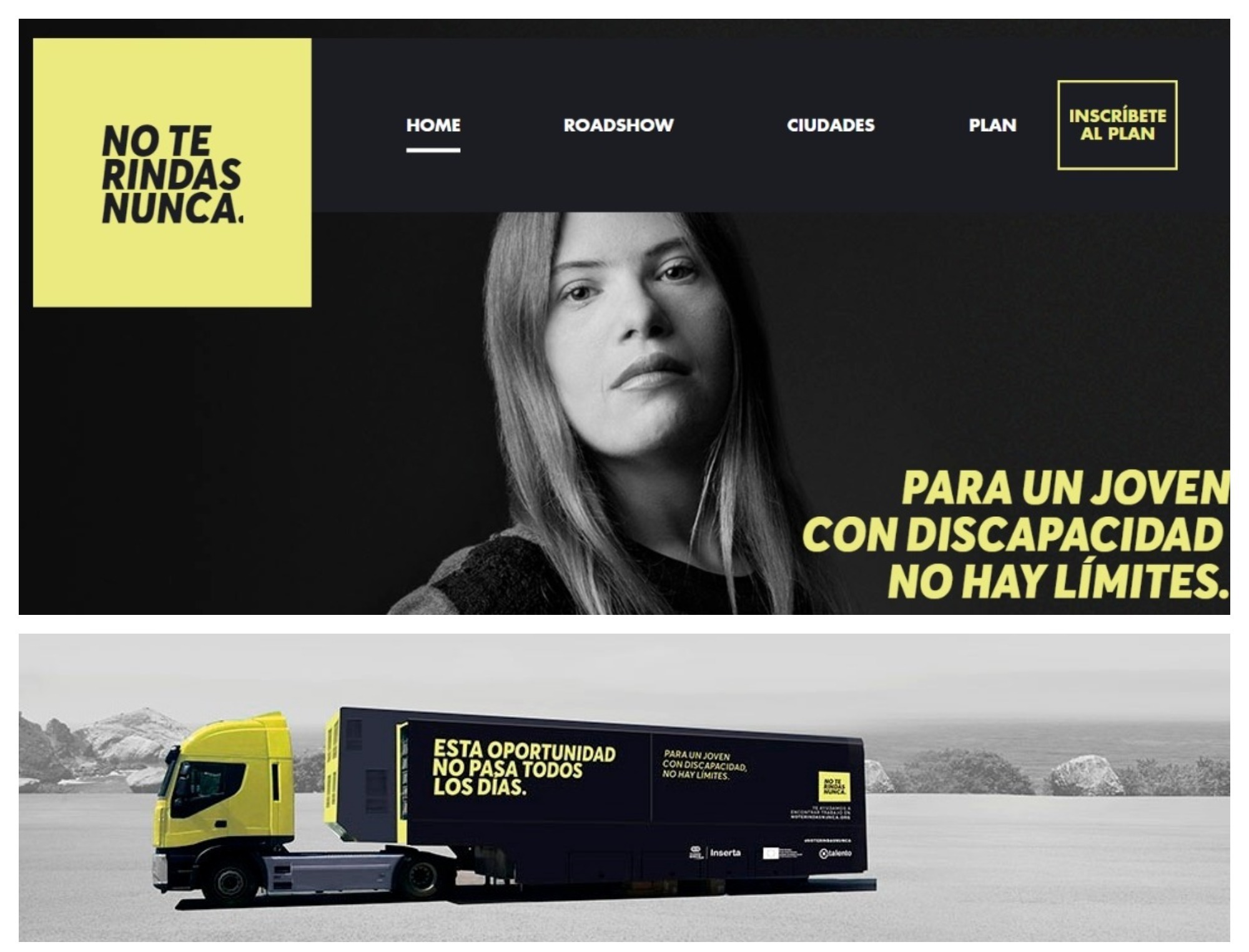 Imagen promocional de la campaña: el rostro de una joven con discapacidad y la reproducción del camión/exposición en ruta