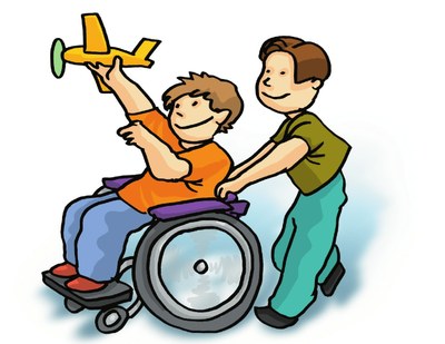 Dibujo de dos niños, uno de ellos en silla de ruedas