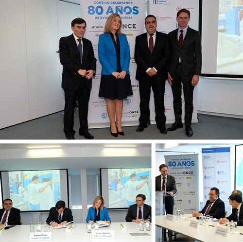Collage del acto de la firma en Bruselas con los máximos responsables del Grupo Social ONCE, el comisario europeo y la vicepresidenta del BEI
