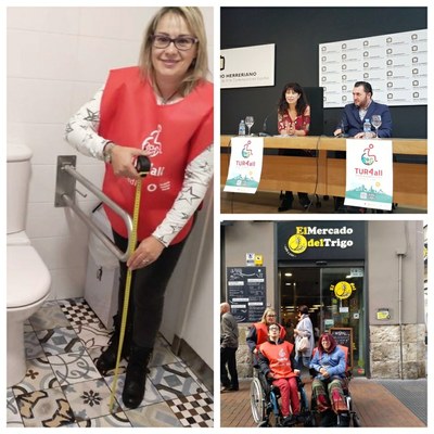 Montaje gráfico con una imagen de la Mesa inaugural del acto y dos de los momentos de las pesquisas de los discapacitados vallisoletanos en locales de la ciudad