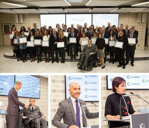 Collage de imágenes: arriba foto de familia de todos los premiados. Abajo, Jesús Hernández, Jesús Celada y Pilar Villarino