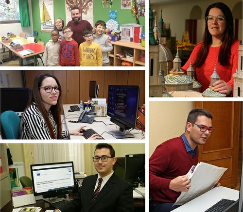 Collage de los cinco jóvenes en su lugar de trabajo