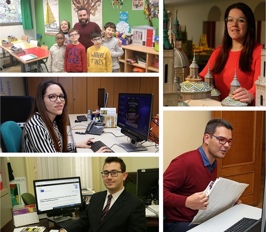 Collage de los cinco jóvenes en su lugar de trabajo