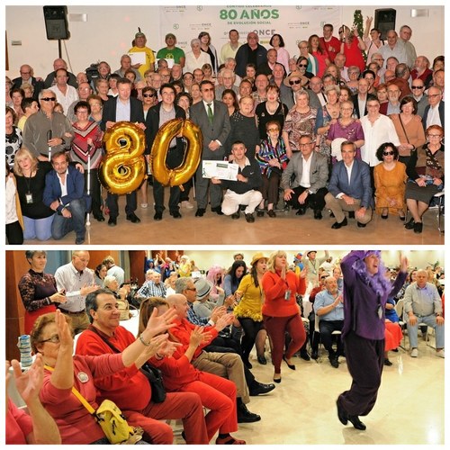 Collage con una imagen de los representantes de la ONCE con todo el grupo de asistentes al turno y de un momento de la fiesta de la noche
