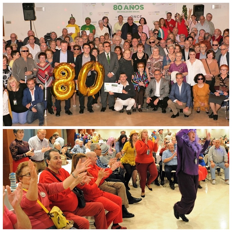 Collage con una imagen de los representantes de la ONCE con todo el grupo de asistentes al turno y de un momento de la fiesta de la noche