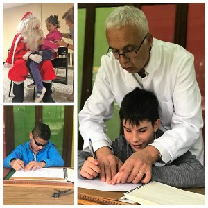 Collage fotográfico con dos de los chavales durante sus tareas de adiestramiento y una niña afiliada en las rodillas de Papá Noel