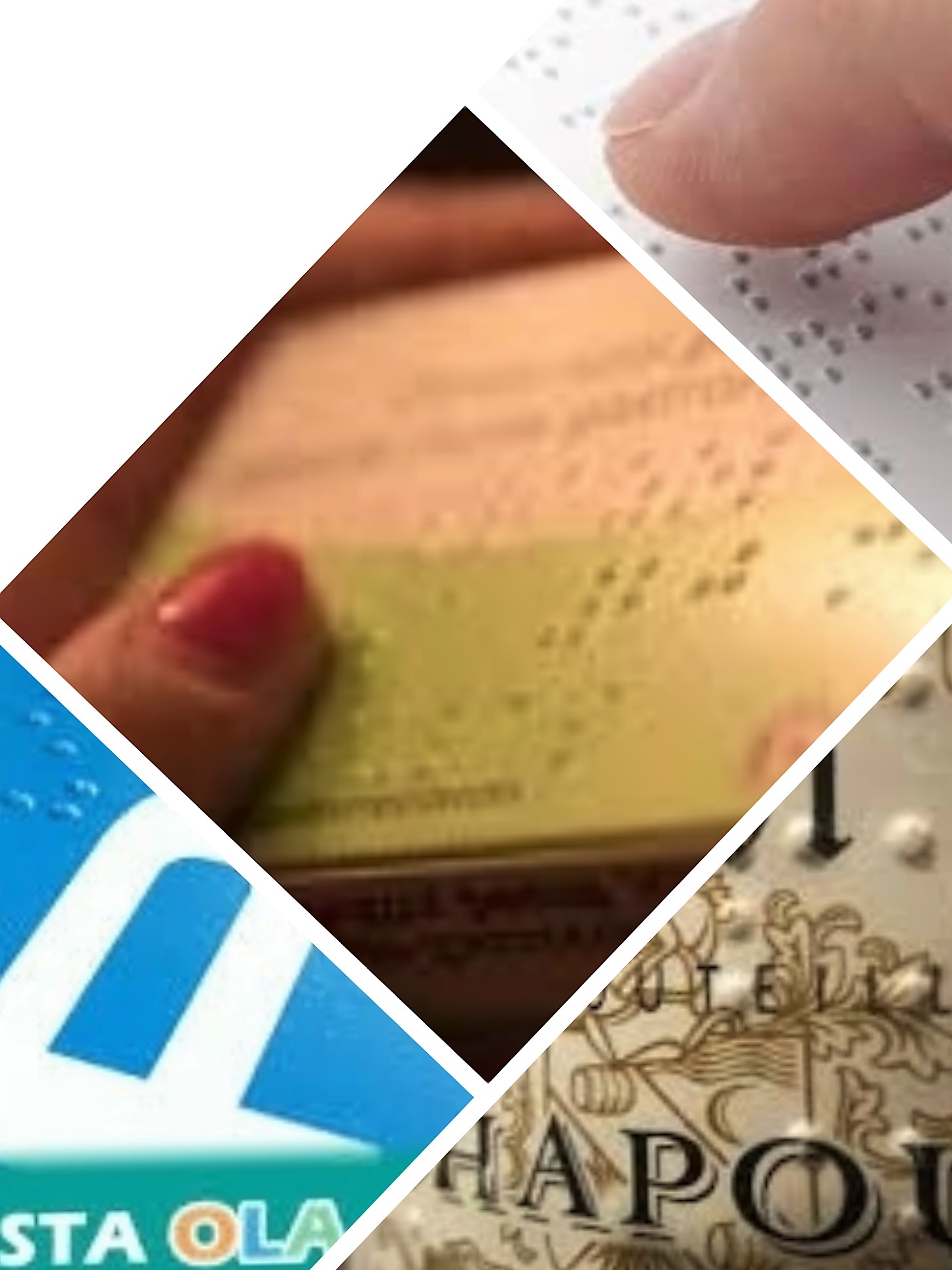 Collage de imágenes con productos de uso cotidiano signados en braille
