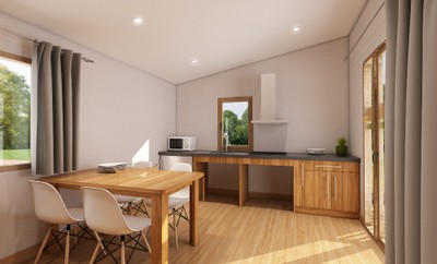 Interior de la cocina comedor de los bungalows