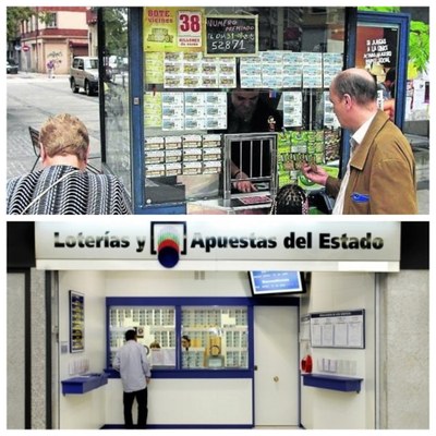 Composición gráfica con las imágenes de un kiosco de la ONCE y una oficina de venta de Loterías del Estado