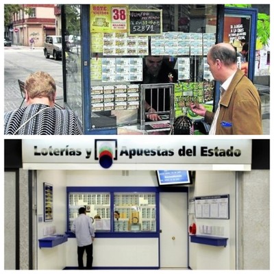Composición gráfica con las imágenes de un kiosco de la ONCE y una oficina de venta de Loterías del Estado