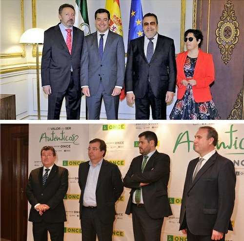 Arriba, Moreno Bonilla junto a Carballeda y los responsables andaluces de la ONCE en el Palacio de San Telmo. Abajo, Fernández Vara junto a Ángel Sánchez y los responsables en Extremadura. 