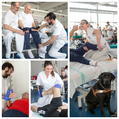 Collage fotográfico con diversas escenas de los alumnos de la ONCE aplicando técnicas fisioterapéuticas a los pacientes de Toledo