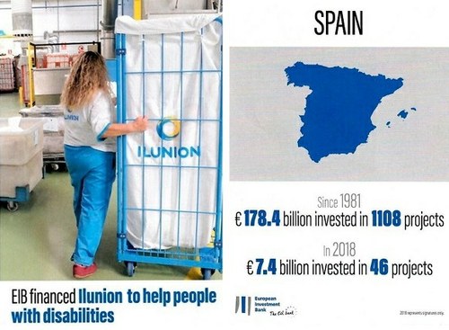 Imagen de la campaña del BEI con la trabajadora de una lavandería de Ilunion como protagonista de la misma