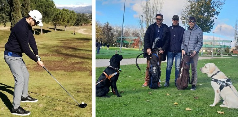 Montaje gráfico: a la izquierda, Alejandro patea una bola en el campo; a la derecha, posa con su guía (en el centro) y con Marc, otro afiliado a la ONCE aficionado al golf