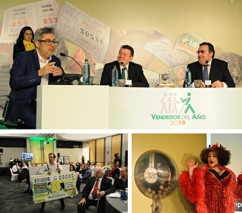 Collage de imágenes de la gala. Arriba, Juanma Ortega junto a Miguel Carballeda y Ángel Sánchez. Abajo dos momentos de la actuación del grupo teatral Yllana.