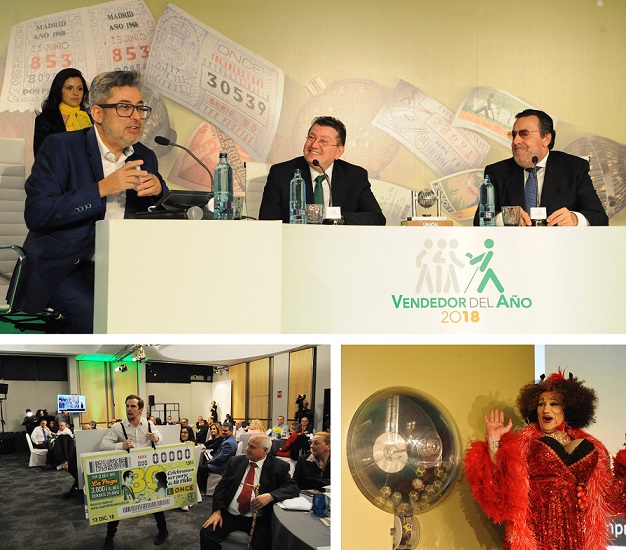 Collage de imágenes de la gala. Arriba, Juanma Ortega junto a Miguel Carballeda y Ángel Sánchez. Abajo dos momentos de la actuación del grupo teatral Yllana.