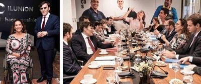 A la izquierda, Gabriela Michetti y Alberto Durán. A la derecha, un momento de la reunión en Torre Ilunion