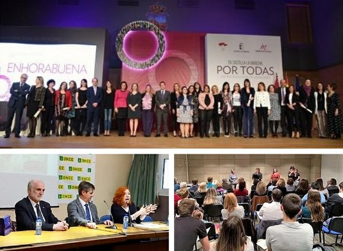 Arriba, acto de entrega de los premios a las tres mujeres de la ONCE en Guadalajara. Abajo, acto en el País Vasco y recital en Valencia