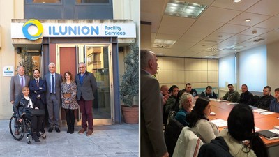 Fotomontaje con los responsables del curso (a la izquierda) y una de las aulas de trabajo de los alumnos
