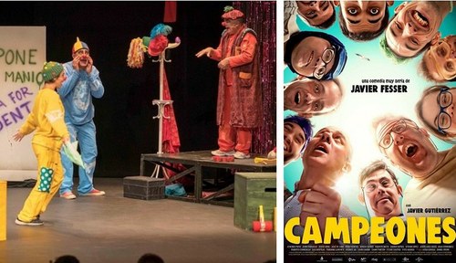 Montaje gráfico con la actuación de 'Orozú' en el último Festival de Almagro y el cartel promocional del film 'Campeones'