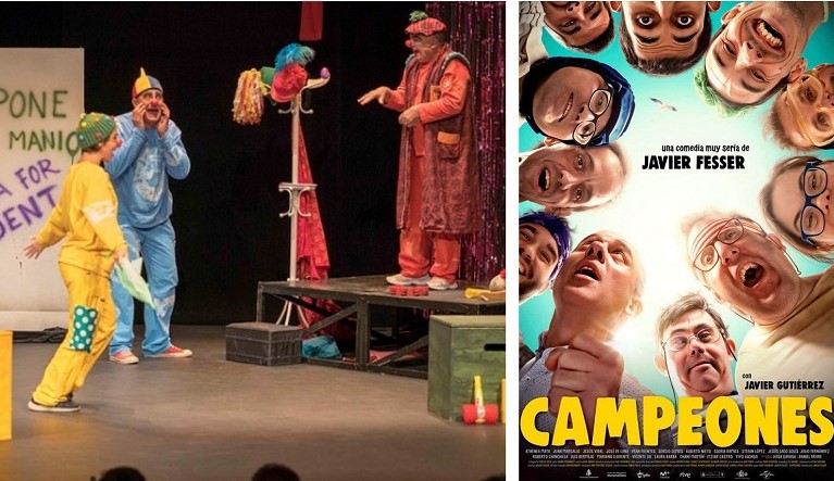 Montaje gráfico con la actuación de 'Orozú' en el último Festival de Almagro y el cartel promocional del film 'Campeones'