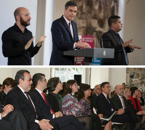 Arriba discurso del presidente, Pedro Sánchez. Abajo, asistentes al acto, con Miguel Carballeda en primer plano