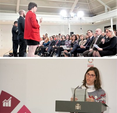 Arriba, Raquel Alba durante su intervención. Abajo, Mónica durante la suya.